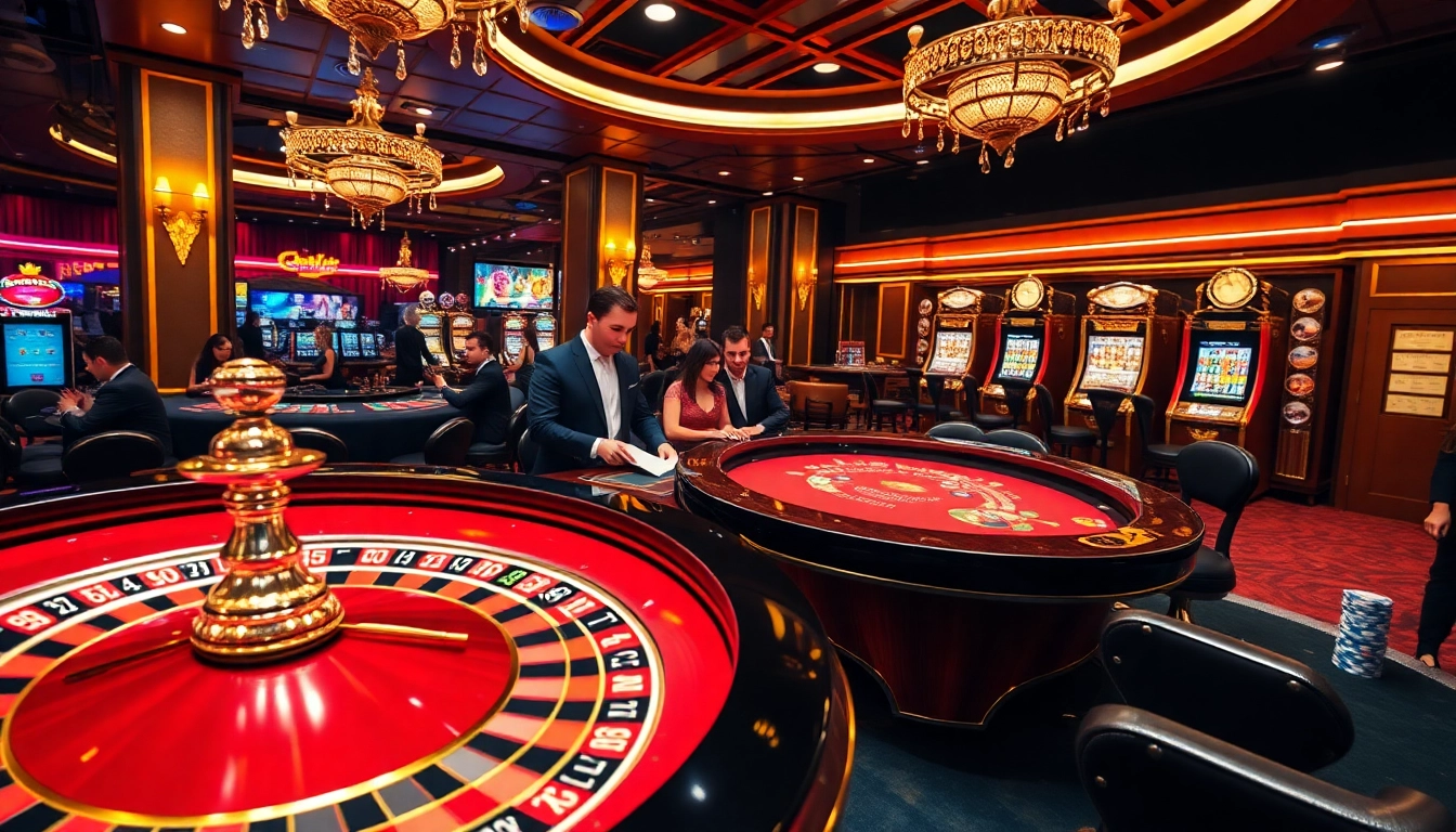 B52-themed casino scene showcasing players engaging at roulette tables and slot machines.