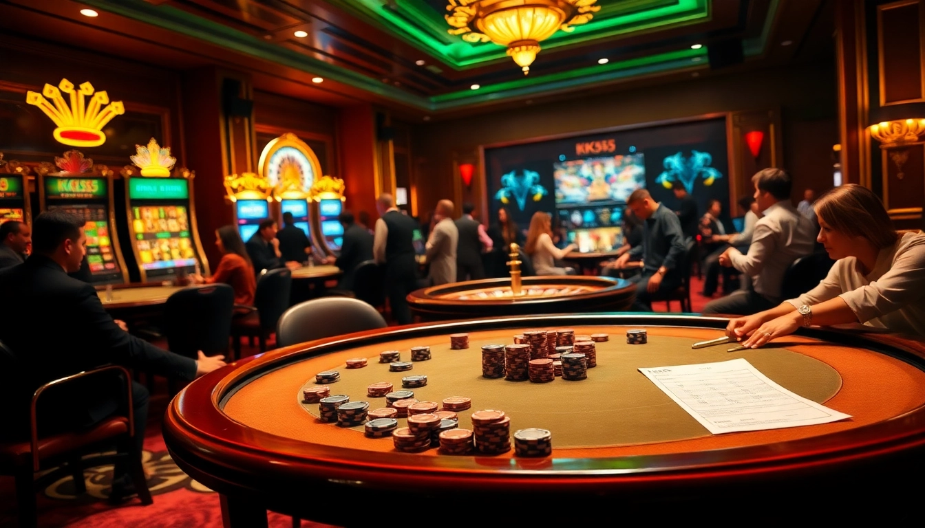 Players at a poker table strategizing their bets at nhà cái KK55 in a luxurious casino setting.