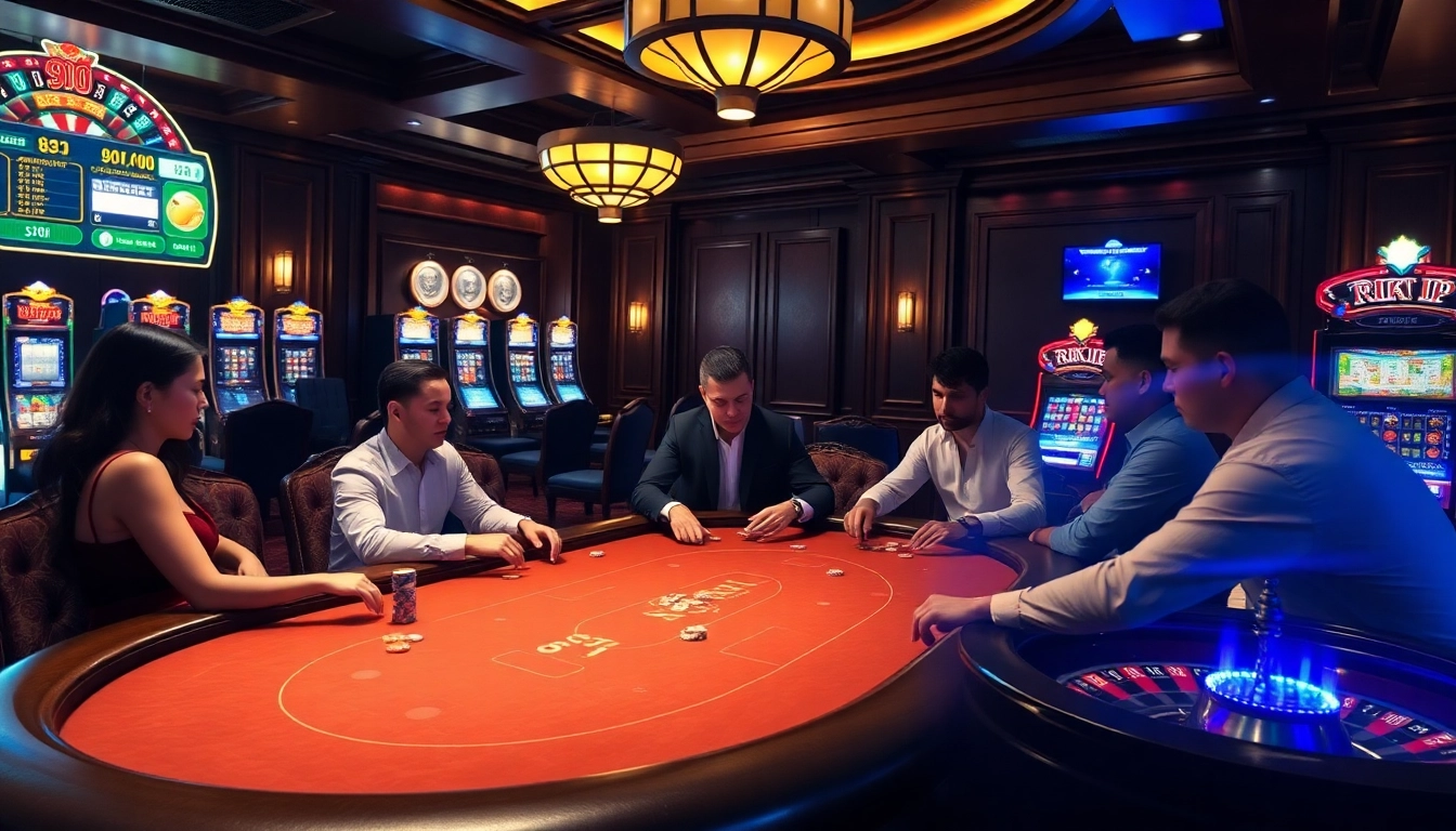 Experience the thrill of Rikvip with players engaging in high-stakes poker at a luxurious casino.