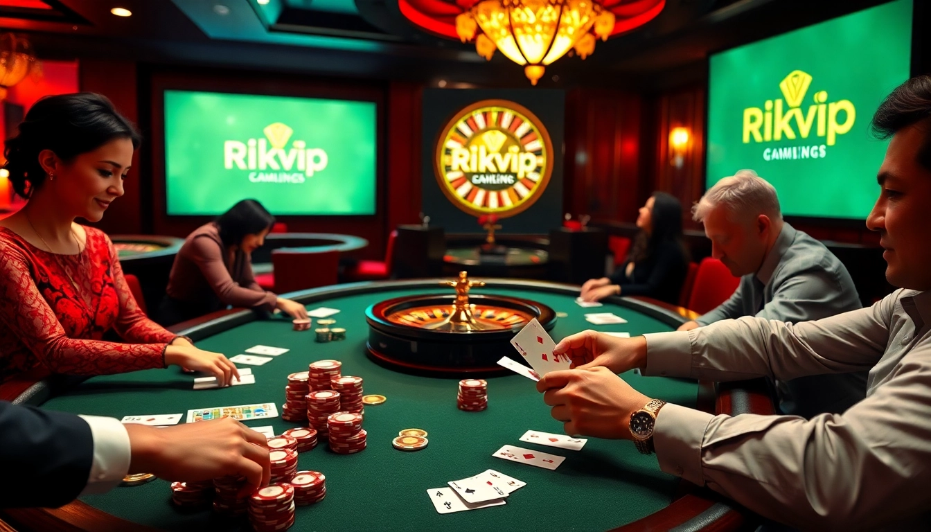 Experience thrilling gameplay at Rikvip's luxury casino table with colorful poker chips and cards.