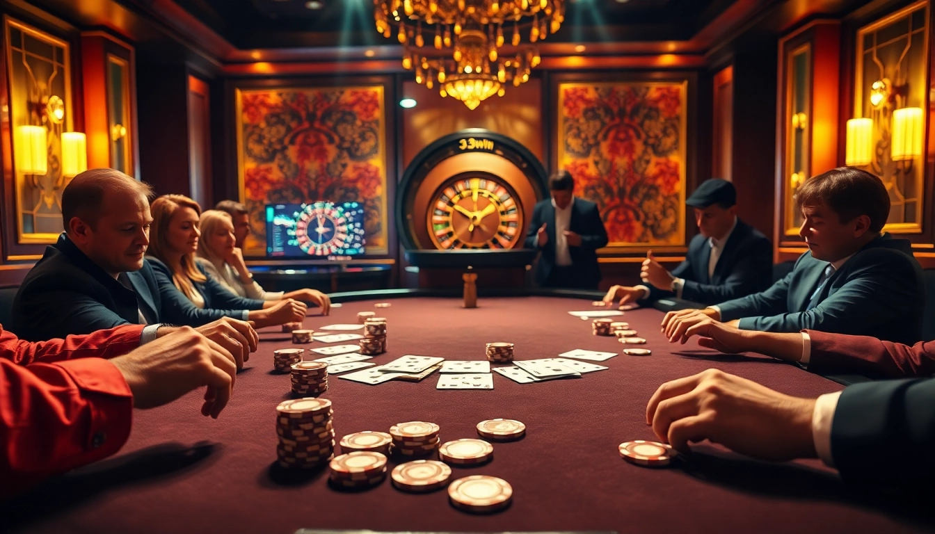 Experience the thrill of gaming with 33win at a luxurious poker table surrounded by excitement.