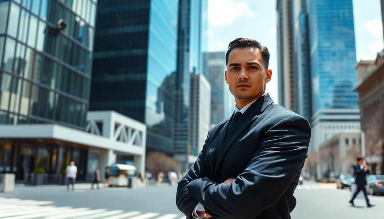 Personal security guard standing confidently in an urban setting, emphasizing safety and professionalism.