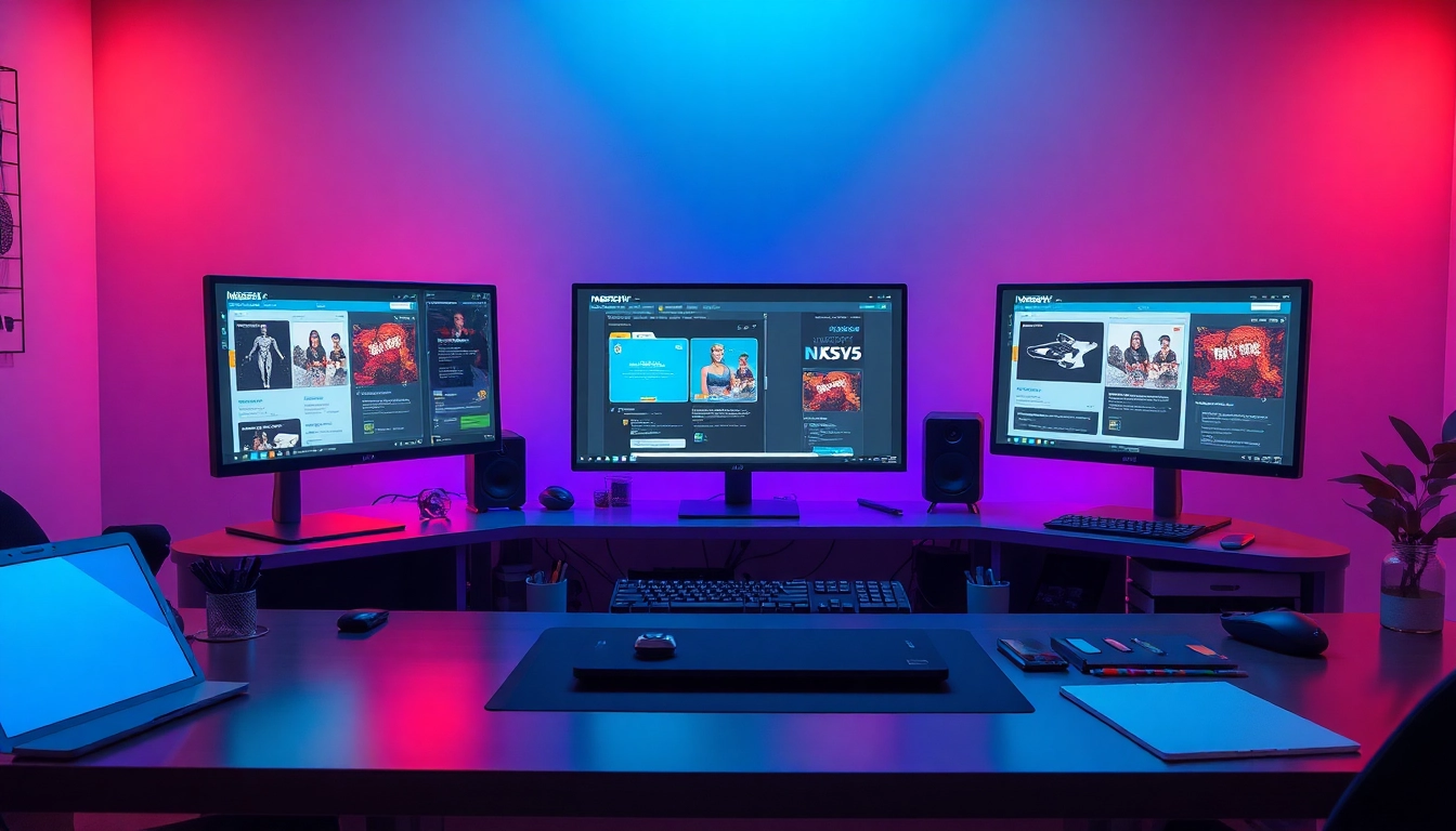 Immersive digital workspace showcasing NSFW AI technologies with advanced chatbots and graphic tools.