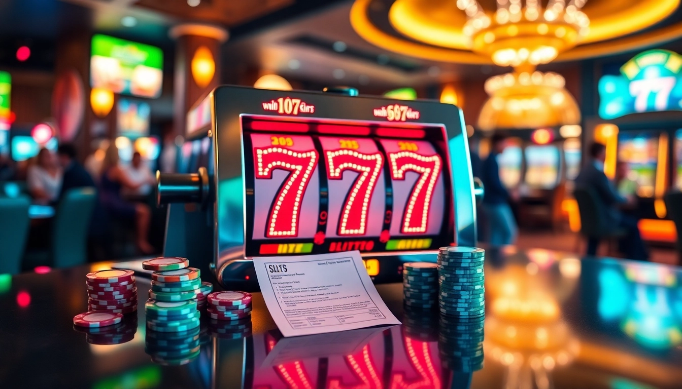Playing slot777 on a vibrant casino slot machine surrounded by colorful chips and excitement.