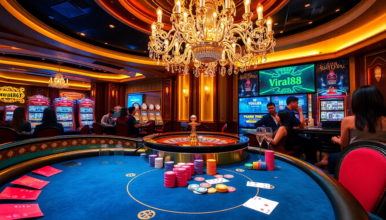 Gambler taking action at a poker table with viral88 promotions visible in a luxurious casino.