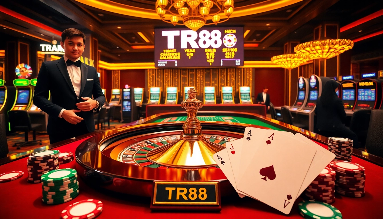 Gamblers enjoying the thrilling TR88 roulette table in a luxurious casino atmosphere with vibrant colors.