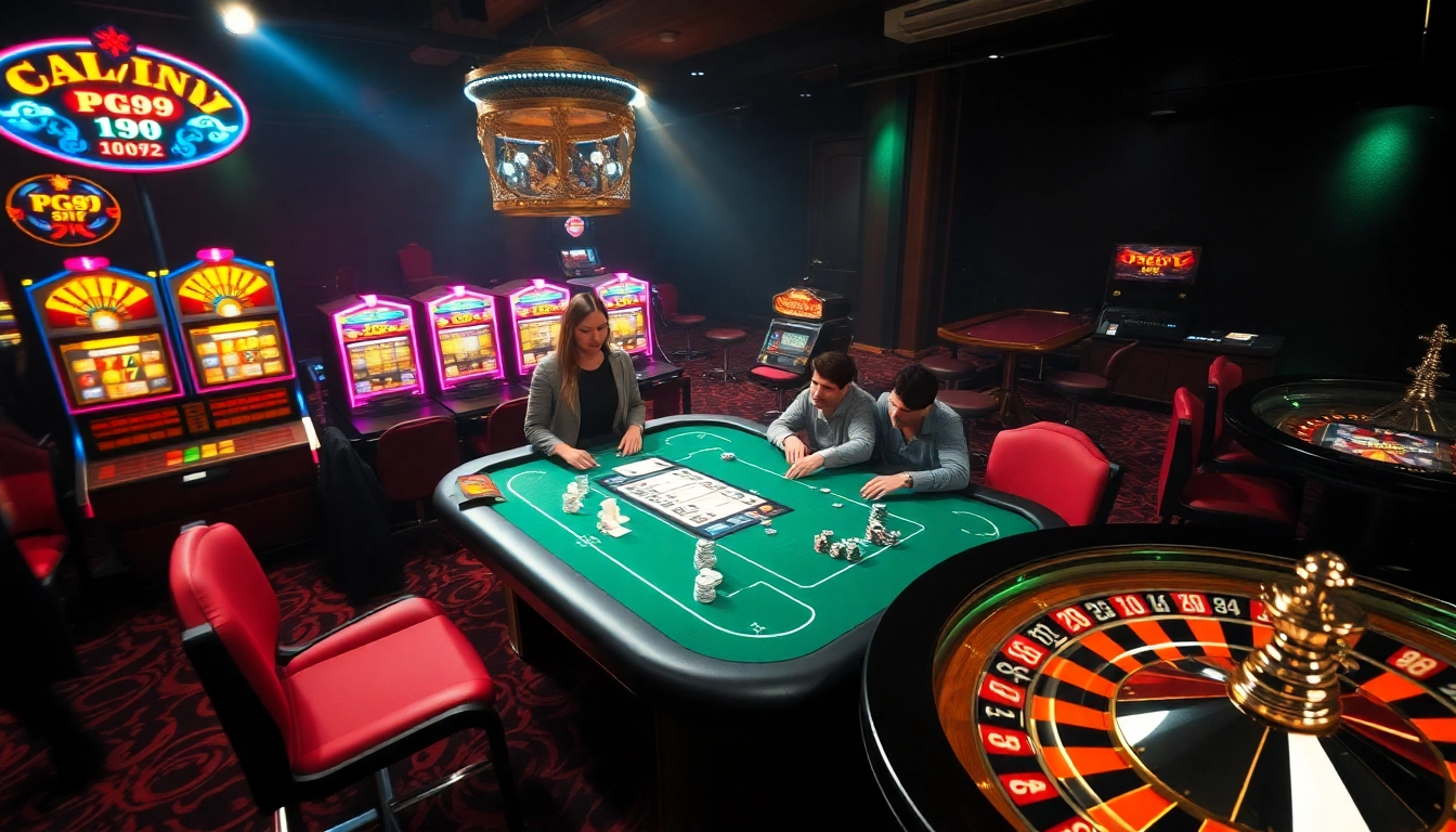 Experience high-stakes play with PG99 cards and vibrant casino action at a poker table.