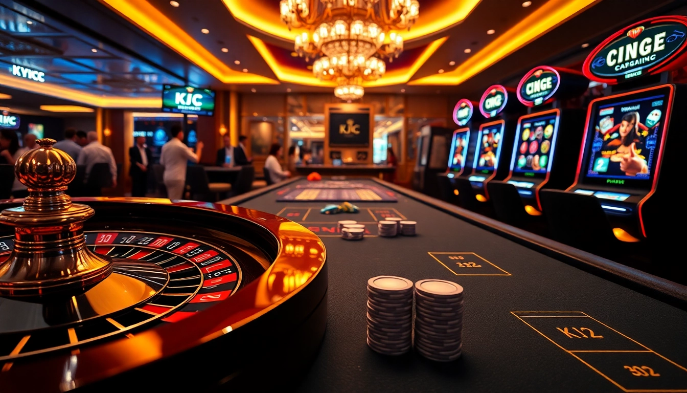KJC branding shines in a luxurious casino scene with roulette, poker chips, and vibrant slot machines.