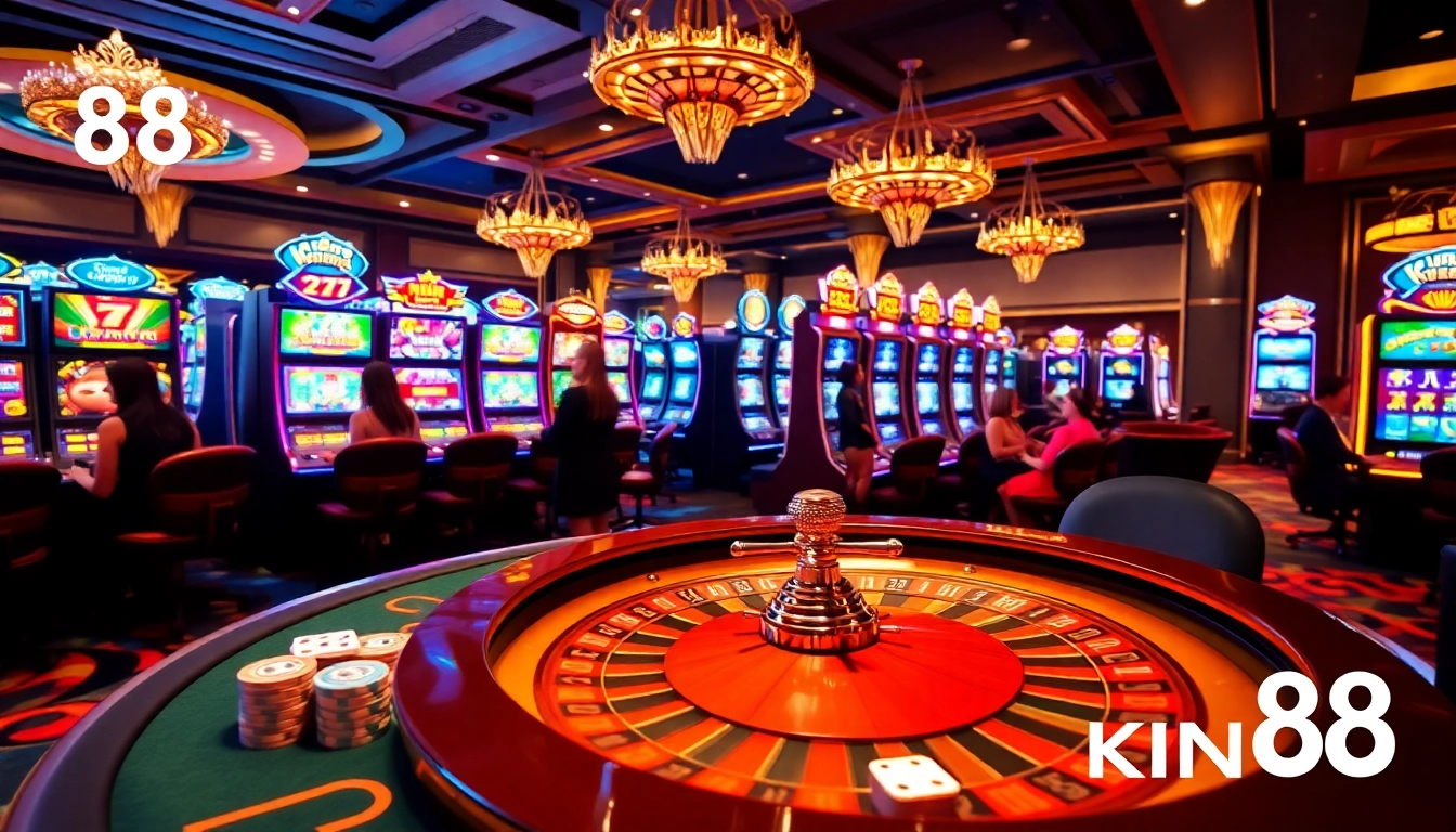 King 88 poker action with vibrant chips, colorful cards, and a roulette wheel in a luxury casino setting.