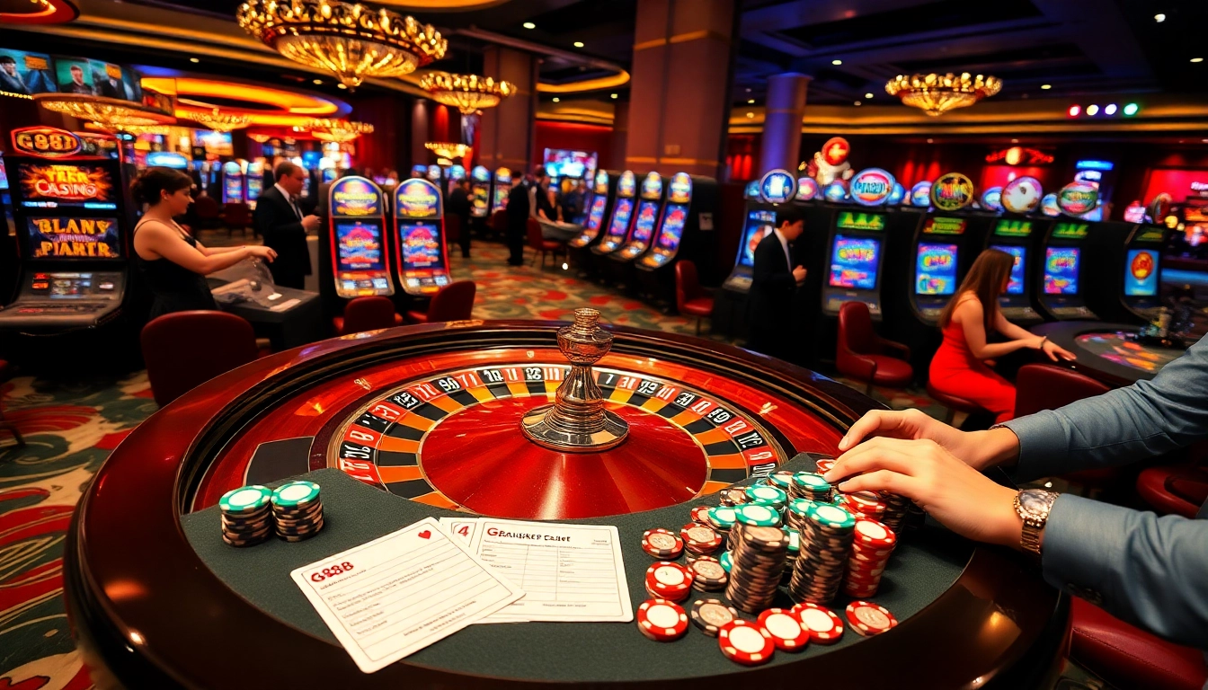 Players engaging at a luxurious g88-themed casino table with poker chips and cards.