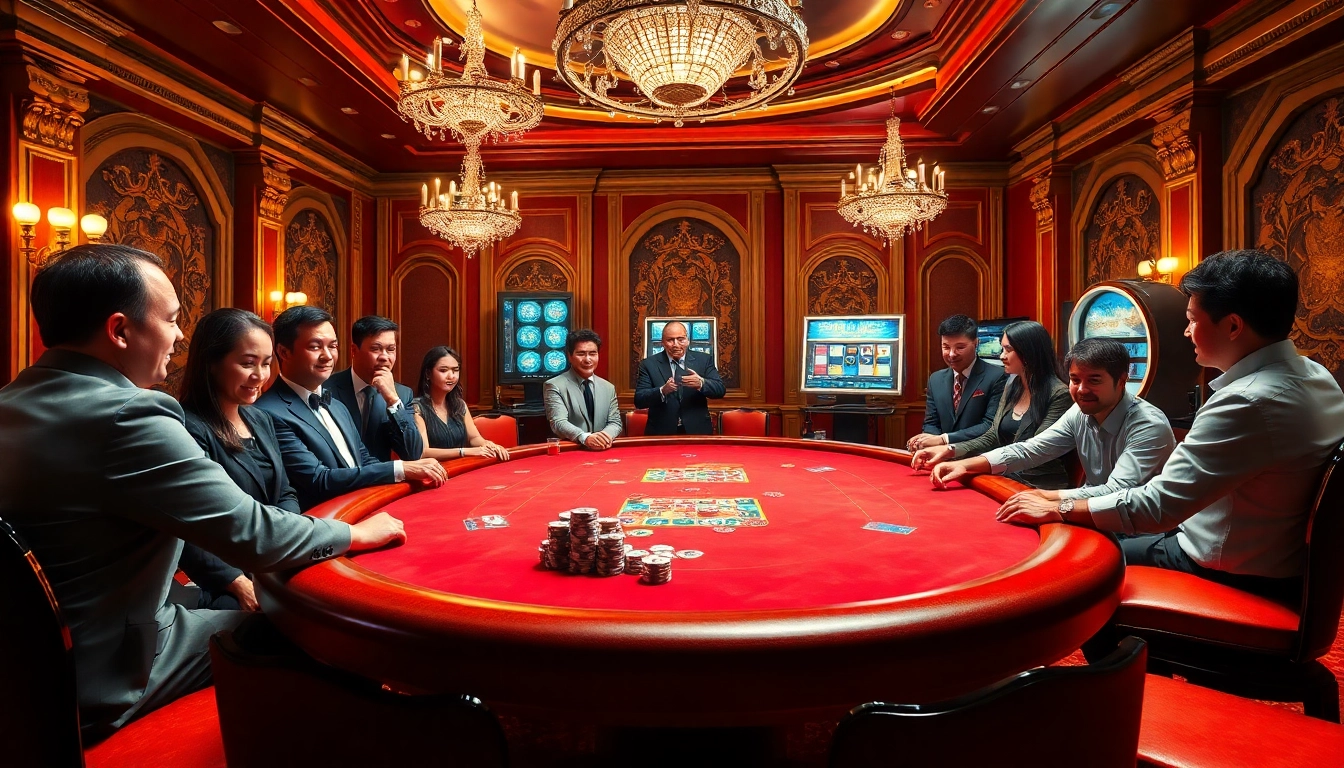 Engaged players placing bets at a vibrant poker table in a luxurious casino at https://lc88.art/.