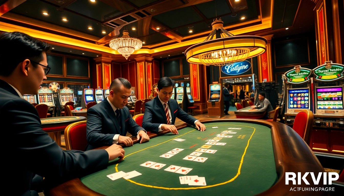 Exciting casino atmosphere showcasing high-stakes play at RIKVIP, featuring a poker table, roulette wheel, and vibrant slot machines.