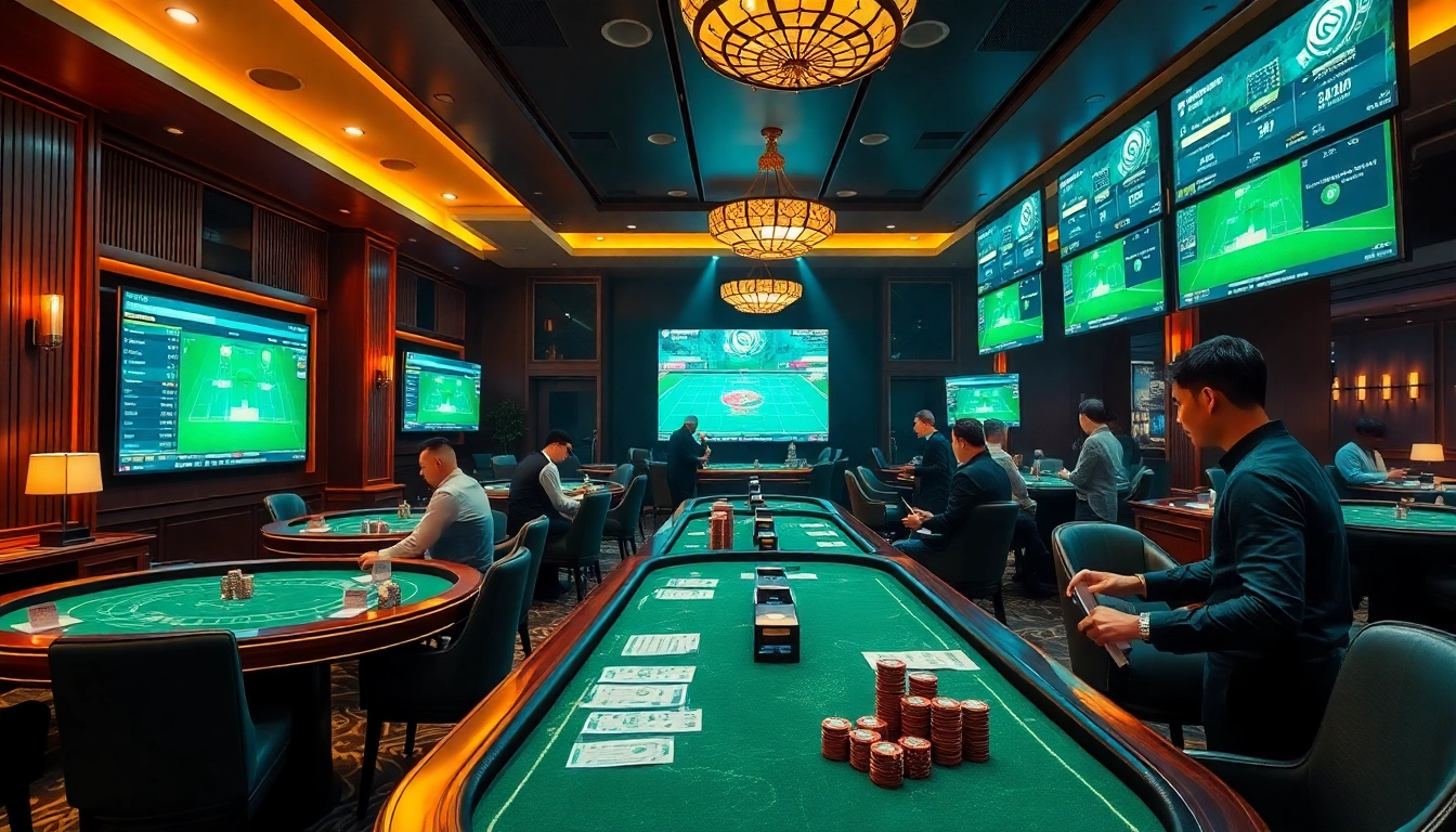 Kèo Bóng Đá betting scene showcasing professional gamblers in an upscale sports betting lounge.