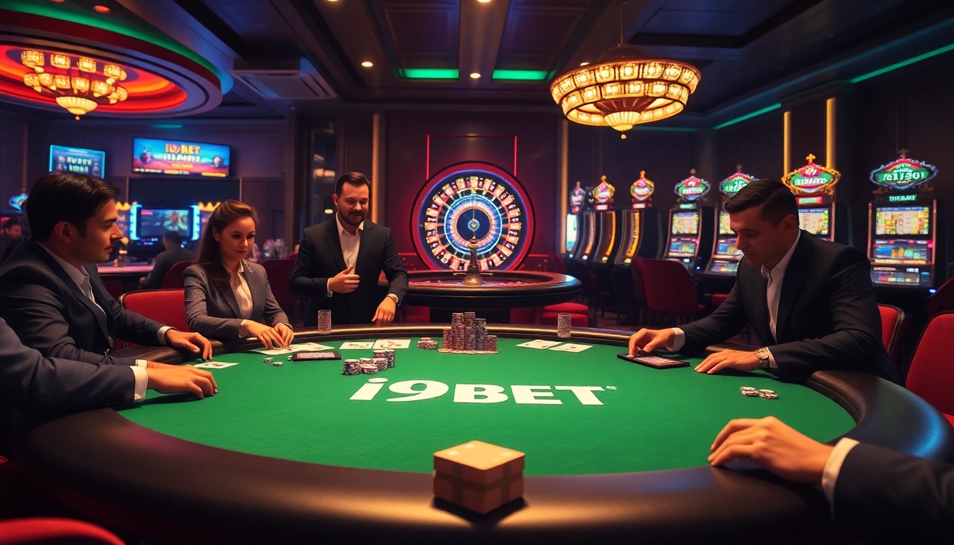 I9BET players enjoying a thrilling game at a luxurious casino poker table, showcasing excitement and strategy.