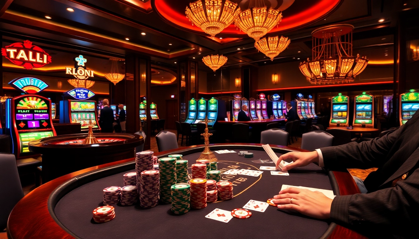 KJC players strategizing at a poker table in a luxurious casino setting.