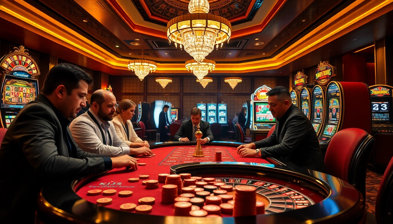 KJC casino scene featuring engaging players, poker tables, and vibrant roulette wheels.