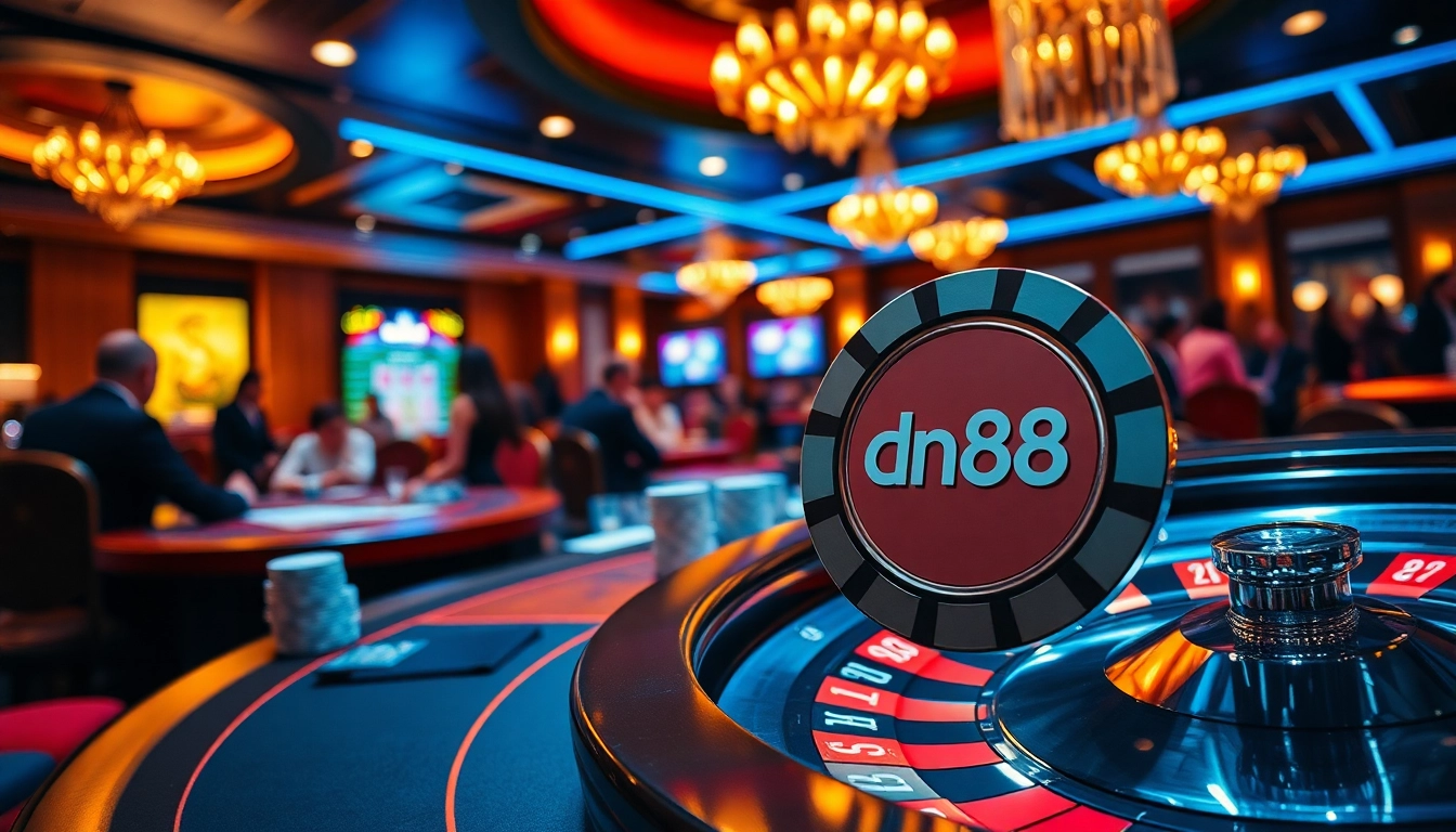 Exciting poker action at dn88 casino, showcasing vibrant chips and professional dealers.