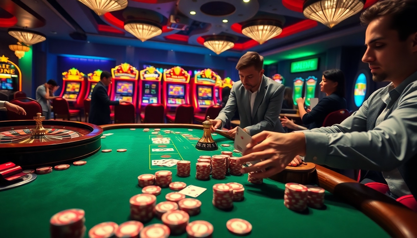 RR88 casino scene featuring engaging players, roulette wheel, and vibrant slot machines, creating excitement.