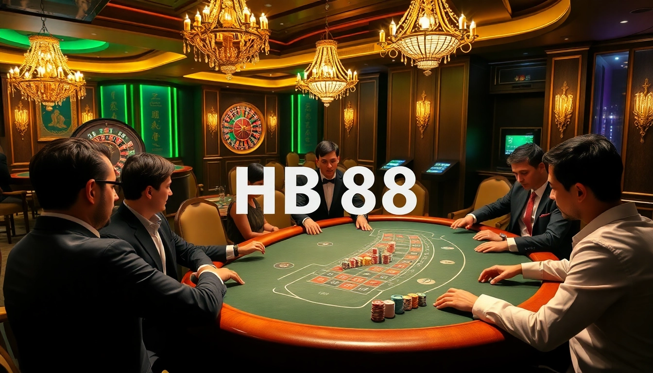 Experience thrilling poker action at HB88 casino with colorful chips and elegant players.