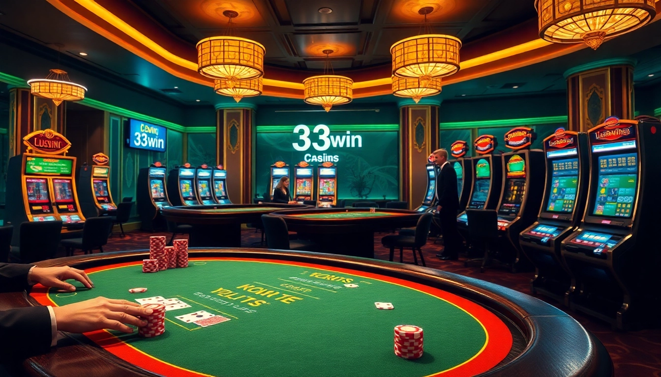 33win online casino showcasing exciting gaming action with vibrant slot machines and professional dealers.