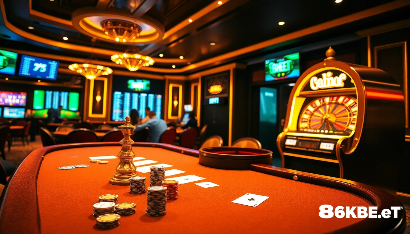 Experience the thrilling action at http://8kbet.ink/ with a luxurious casino scene featuring poker chips and a spinning roulette wheel.