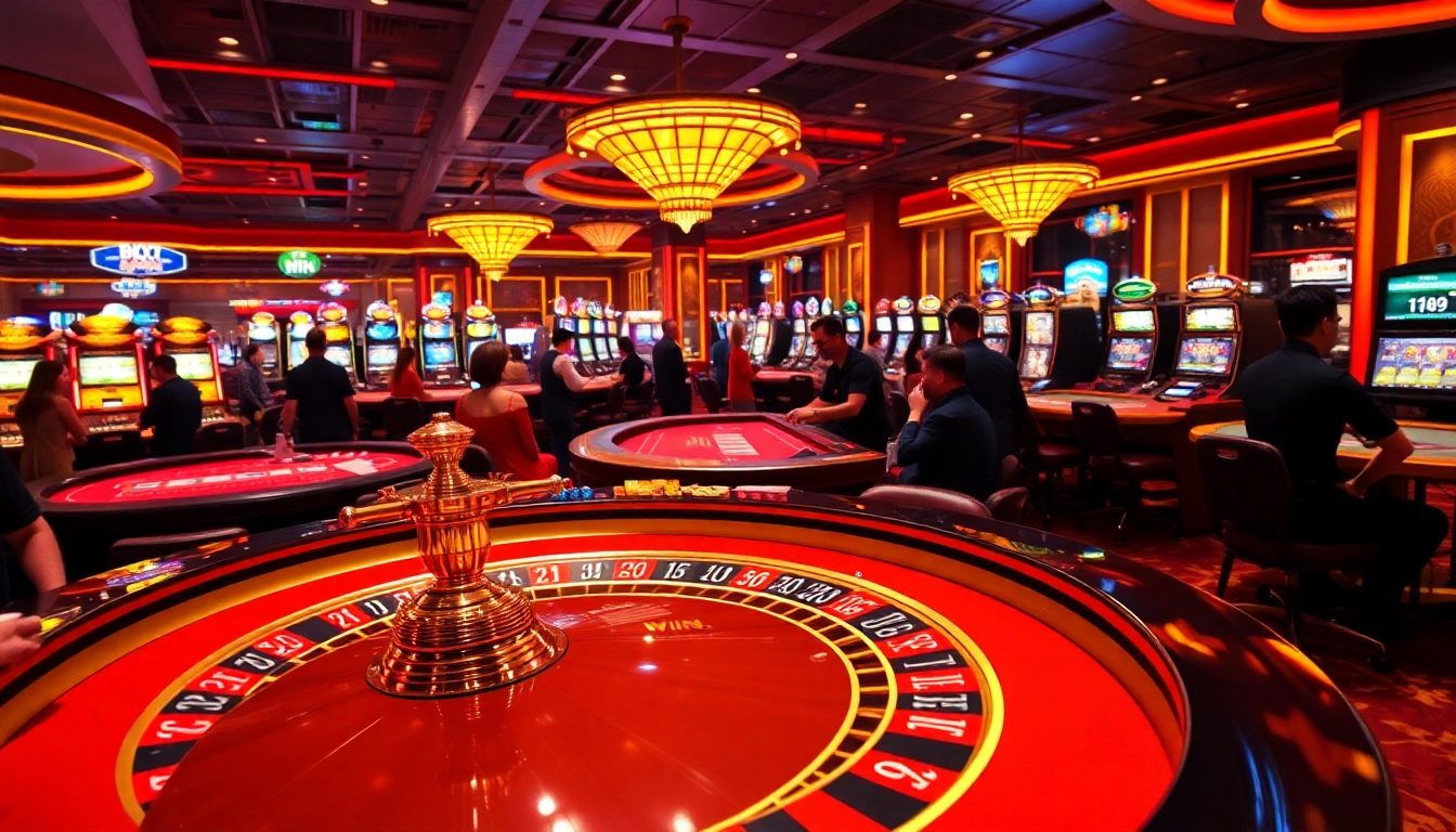 Experience tg88 win at a luxurious casino with poker tables and roulette in action.