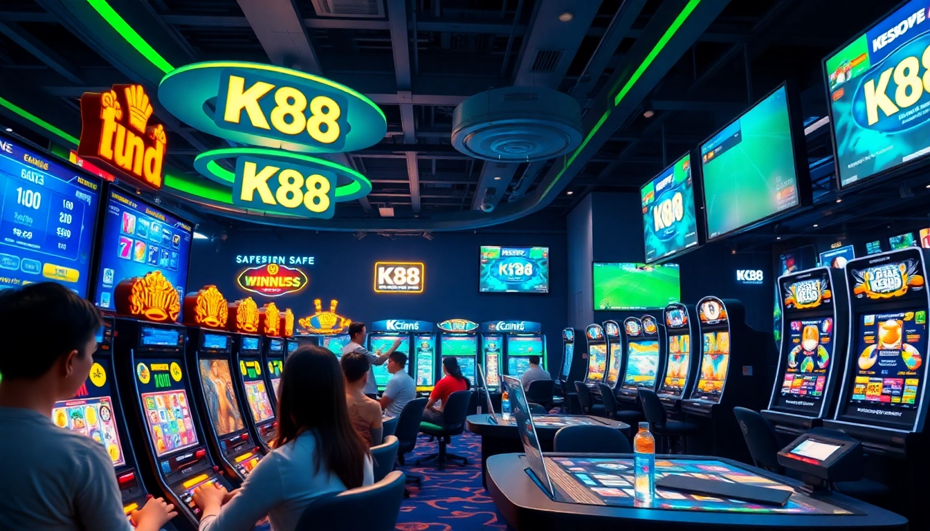 K88win online gaming experience with vibrant visuals of slot machines and live betting.