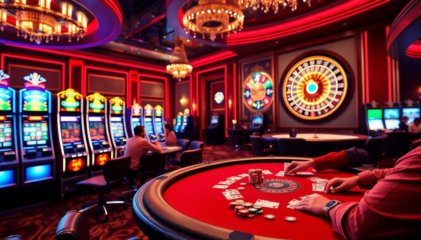 Experience thrilling gaming at rikvip.gb.net with a dynamic casino scene featuring poker, roulette, and vibrant slot machines.