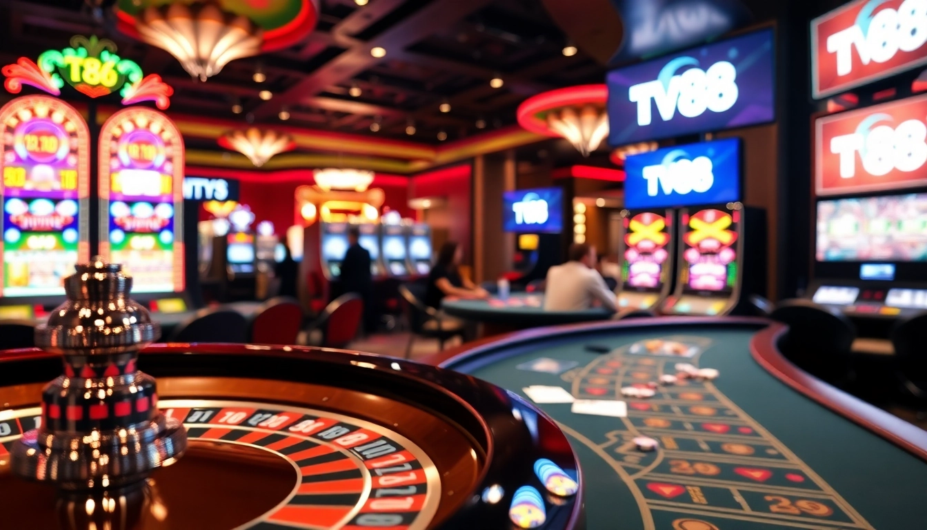 Players enjoy games at a luxurious casino showcasing TV88's vibrant casino offerings.
