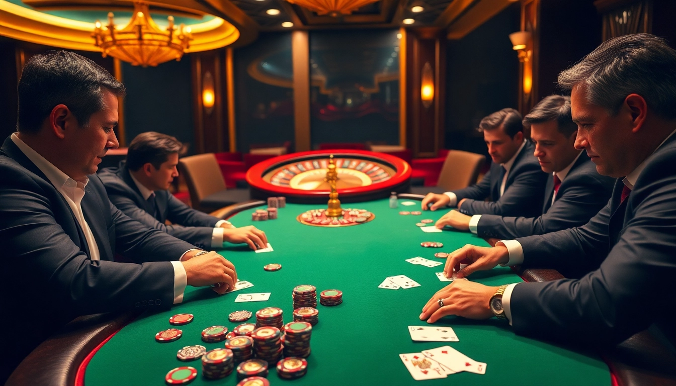 Experience excitement at the SX88 poker table with professional players betting in a luxurious casino.