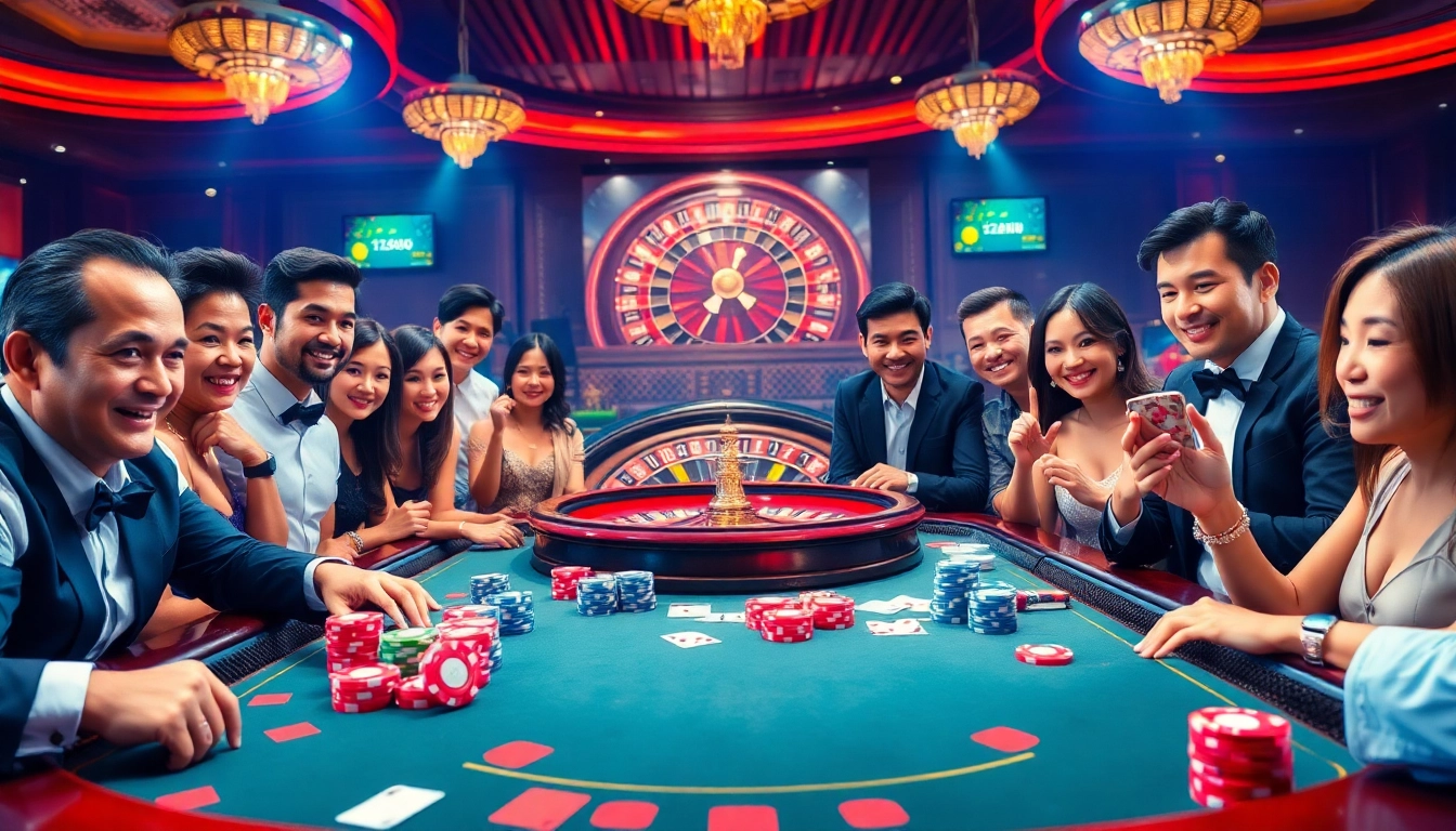 Players enjoying poker at trang chủ 33win casino table with vibrant chips and lively atmosphere.