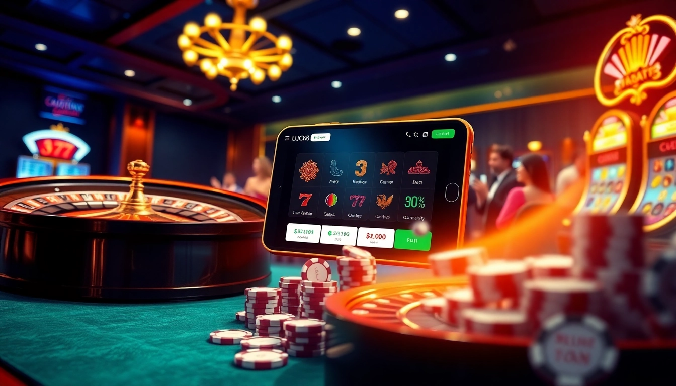 Experience the thrill of đăng nhập luck8 with a vibrant online casino interface showcasing roulette, poker chips, and slot machines.