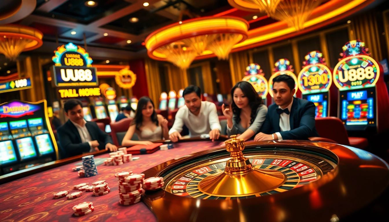 Experience the thrill of UU88 with vibrant casino tables, poker chips, and roulette wheels.