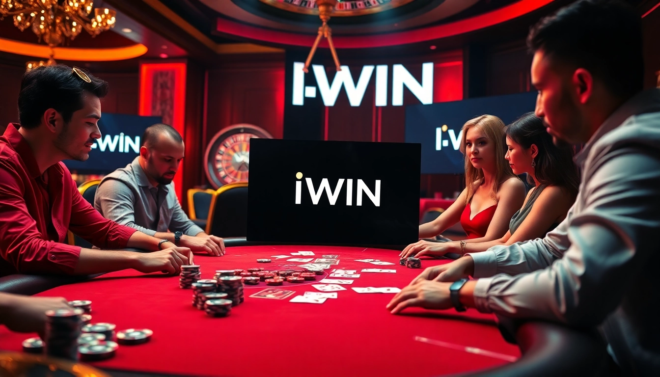 IWIN casino scene showcasing a thrilling poker game with chips, cards, and roulette wheel.
