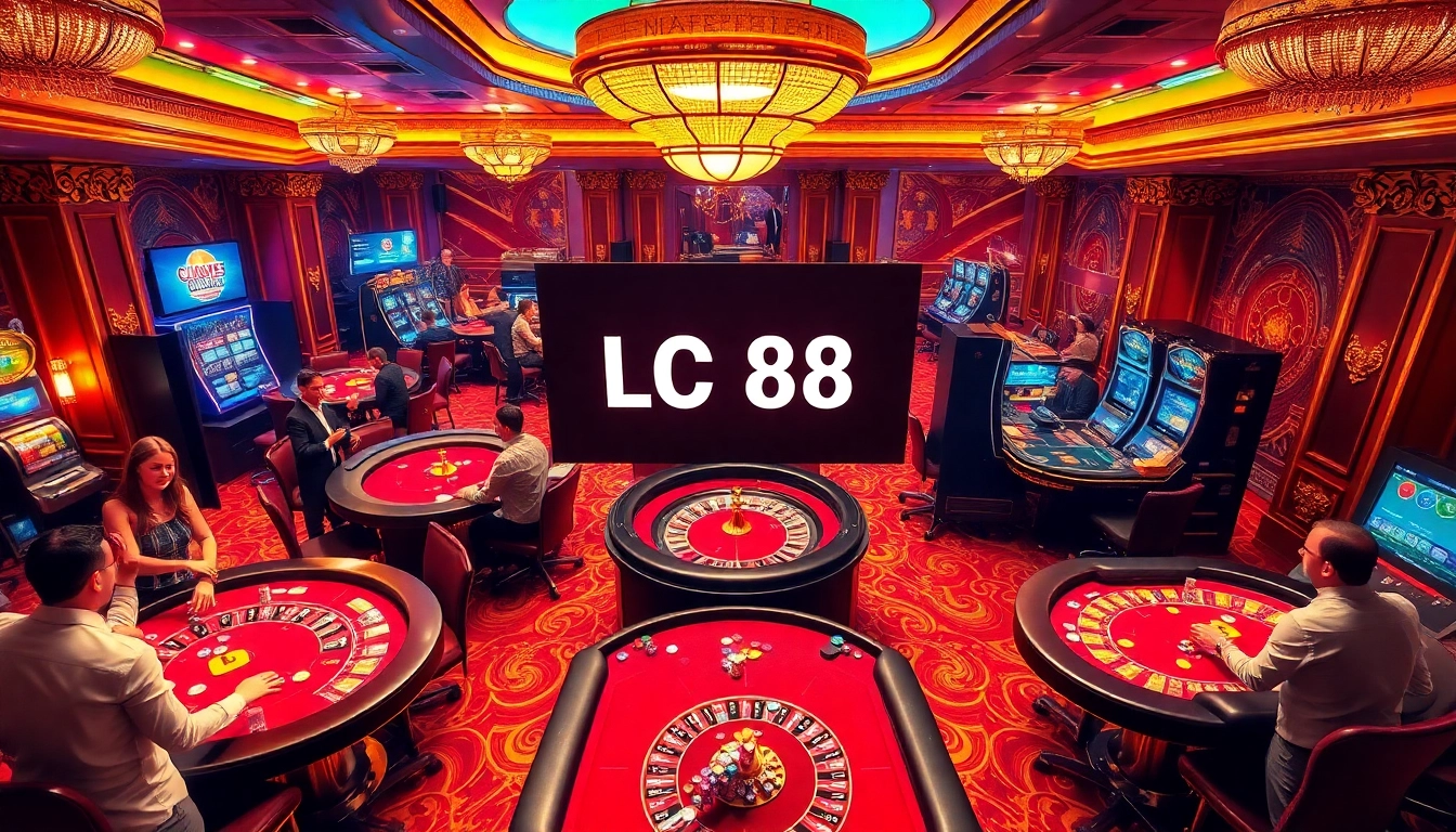 Excited gamblers playing at a luxurious casino showcasing LC 88 themed games.