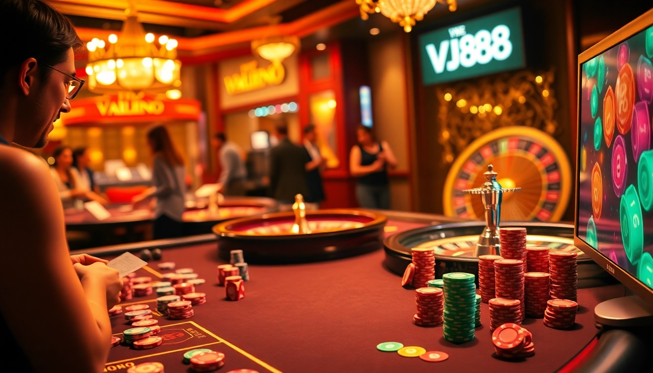 Excited gamblers at a luxurious casino table with VJ88 branding visible, enjoying an exhilarating gaming experience.