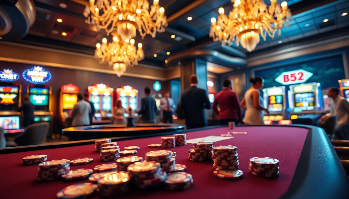 Experience exhilarating gameplay with b52-themed poker chips and cards at a luxurious casino table.