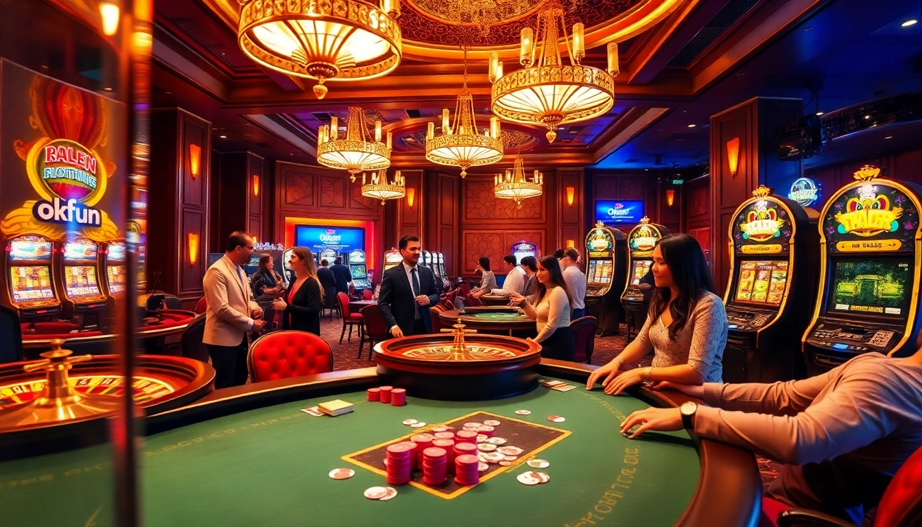 Players enjoy a lively poker game at a luxurious casino table featuring okfun promotional elements for an exciting experience.