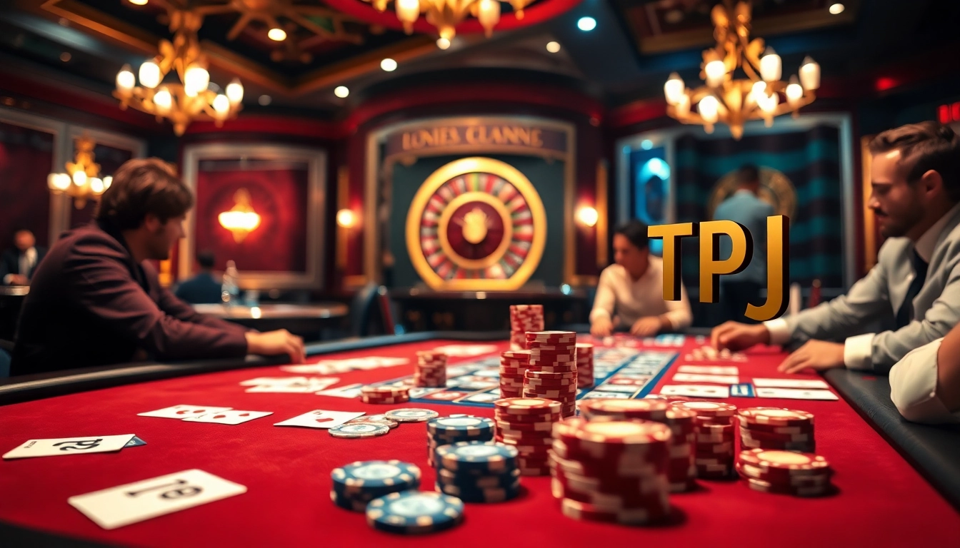 Intense poker game at a TPJ casino with players and luxurious table setting.