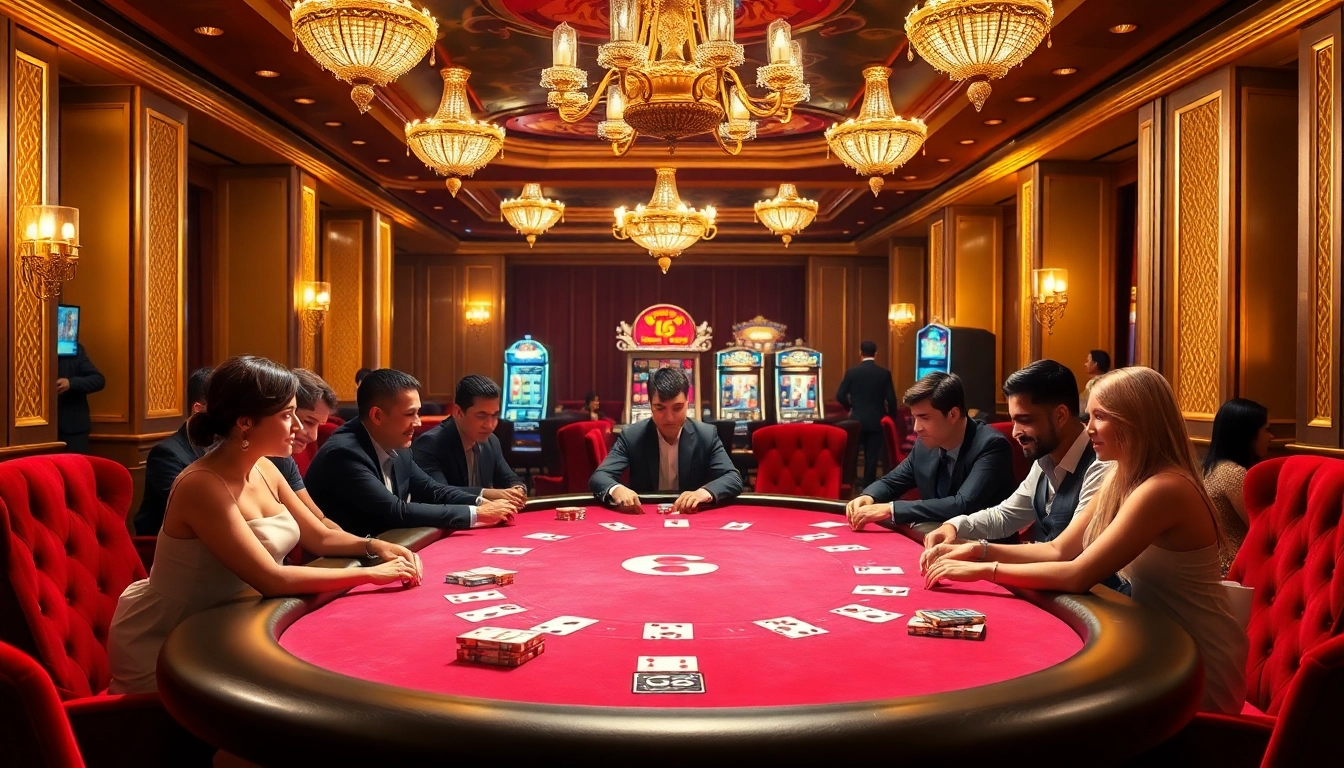 Players strategizing at a go8 poker table under luxurious lighting, surrounded by high-stakes excitement.