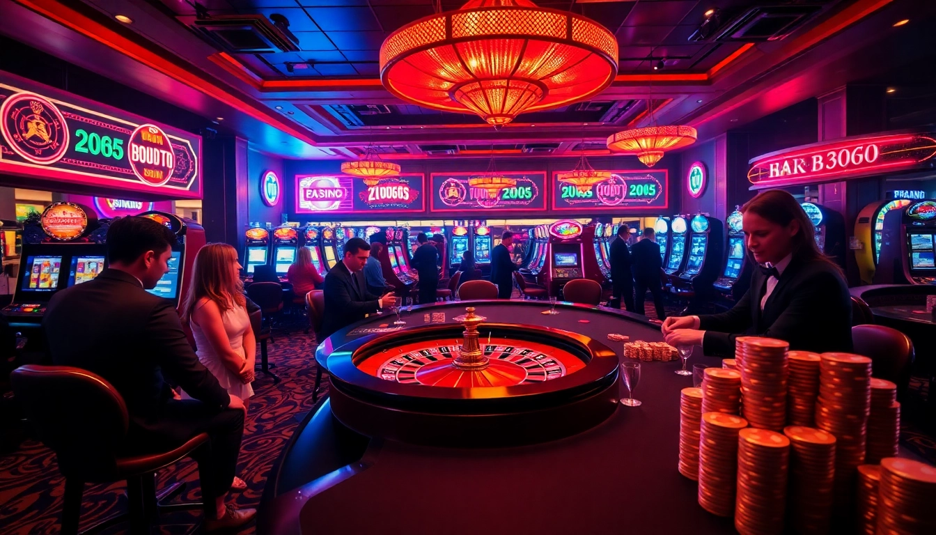 Players enjoying high-stakes poker and roulette at a luxury casino with ok 365 branding.