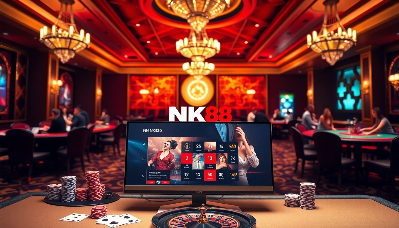 Exciting scene of gamblers at NK88 table games in a luxurious casino setting