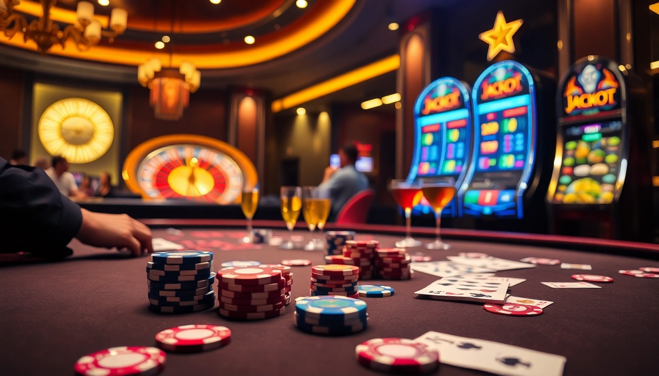 Experience thrilling gameplay at fly88 casino featuring vibrant poker tables and roulette wheels.