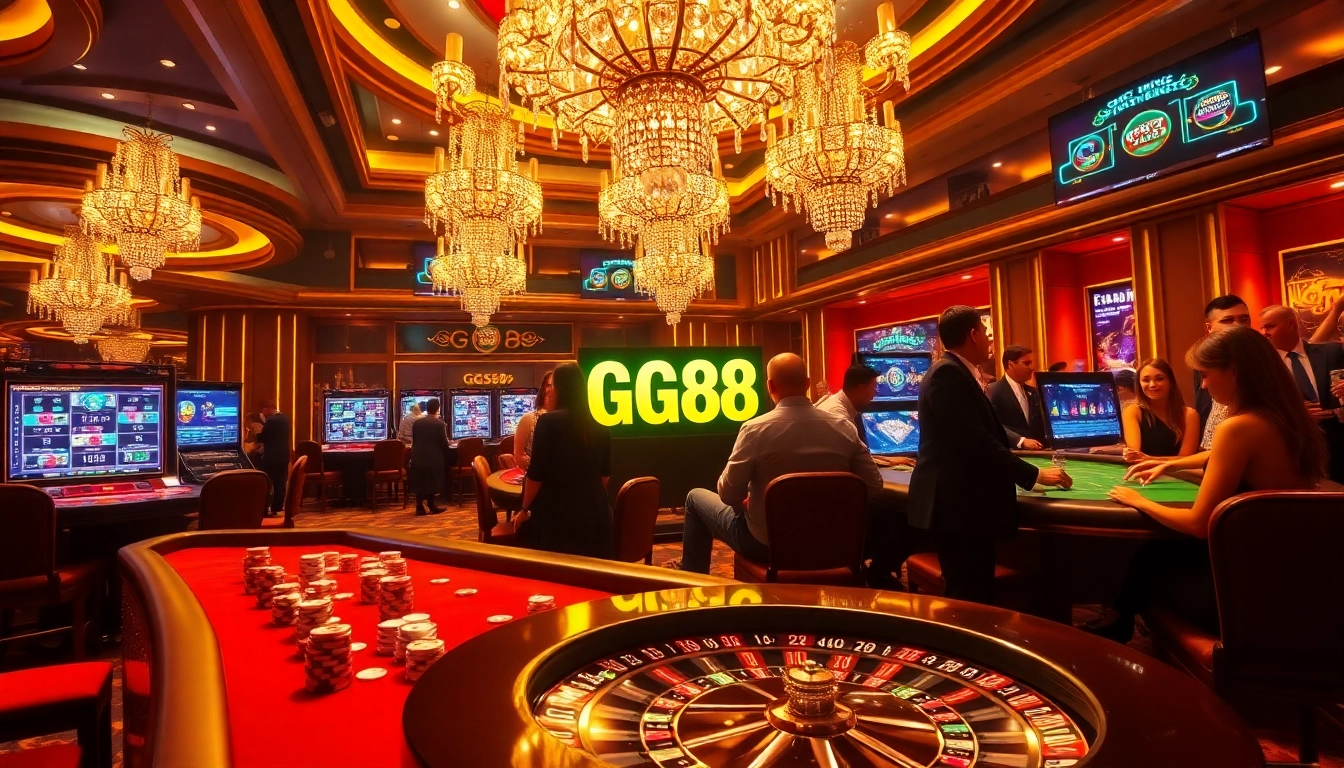 Gamblers excitedly play the GG88-themed slot machine in a luxurious casino environment.