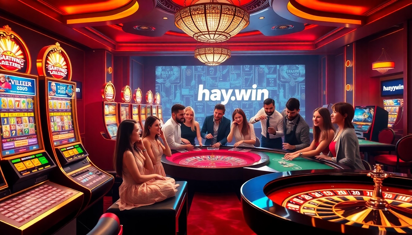 Experience the thrill of hay.win with players celebrating their wins at vibrant casino tables.