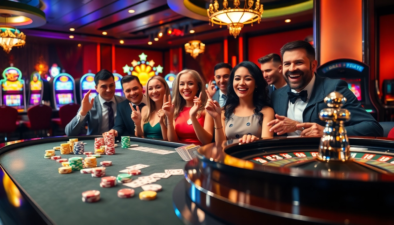 Engaging casino scene at https://ok365vvip.com/ featuring poker chips, cards, and a lively roulette wheel.