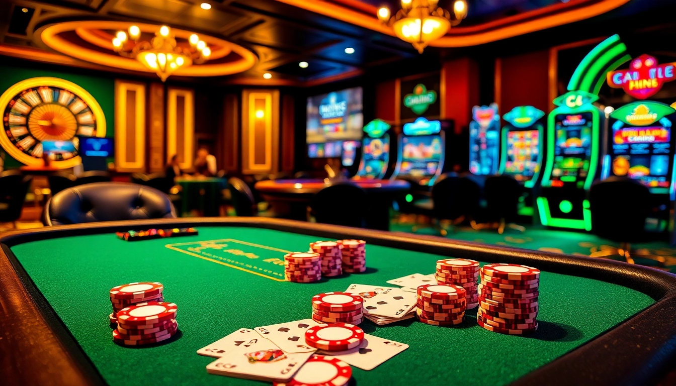Experience thrilling gaming at https://go88hv.com/ featuring a luxurious poker table and dynamic slot machines.