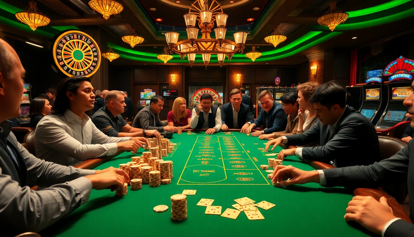 Gamblers enjoying an exciting round of the go99 game at a vibrant casino table.