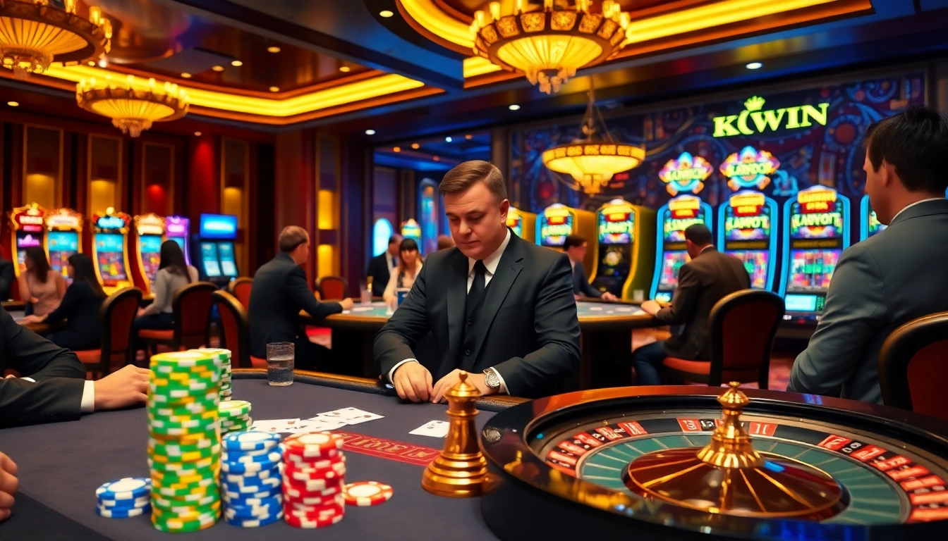 Engaging players at KWIN casino table showcasing poker chips and strategic gameplay.