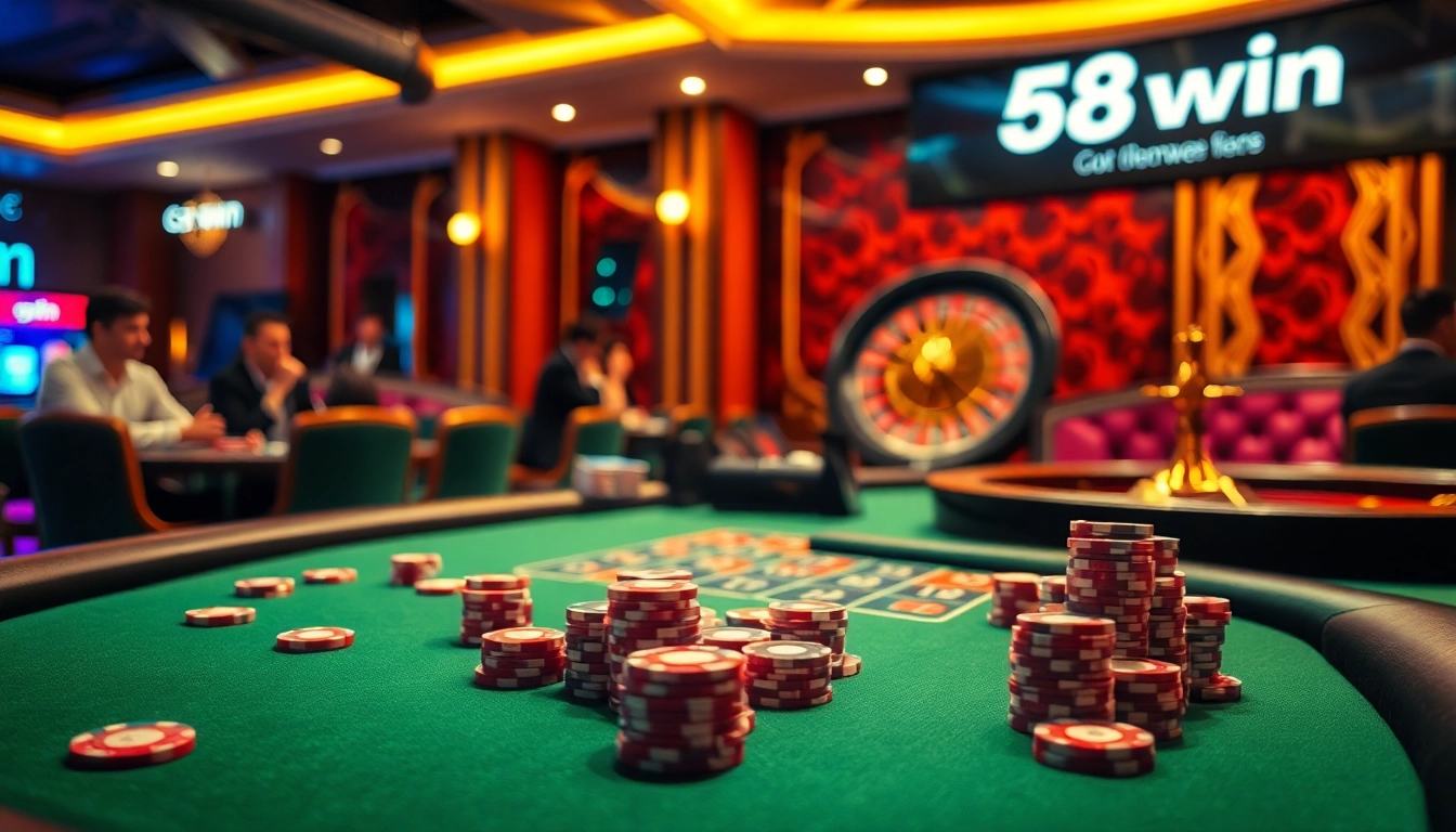 Exciting scene at a high-stakes poker table with vibrant colors and casino elements featuring 58win.